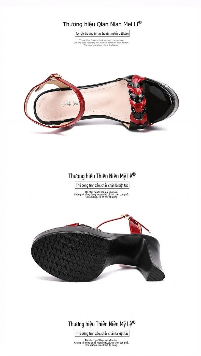 Giày Sandal Cao Gót Nữ Đế Xuồng Hở Ngón Quai Ngang Da Bóng Gót Cao 9cm Màu Đen, Trắng, Đỏ chi tiết 16