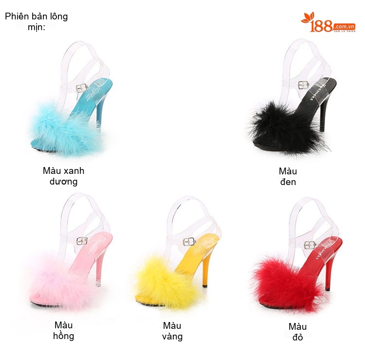 Giày Sandal Cao Gót Nữ Quai Trong Suốt Đính Lông Gót Cao 11cm Màu Đỏ, Hồng, Xanh, Đen... chi tiết 2