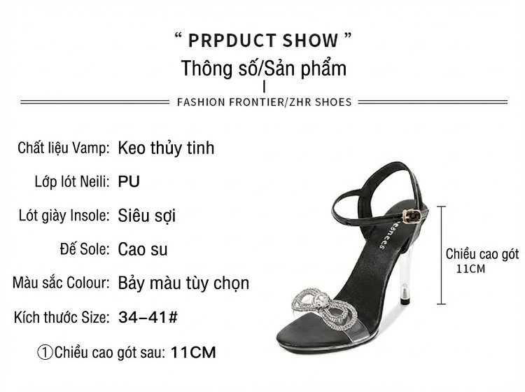 Giày Sandal Cao Gót Nữ Quai Trong Suốt Đính Đá Gót Cao 11cm Màu Đỏ, Đen, Vàng, Trắng... chi tiết 2