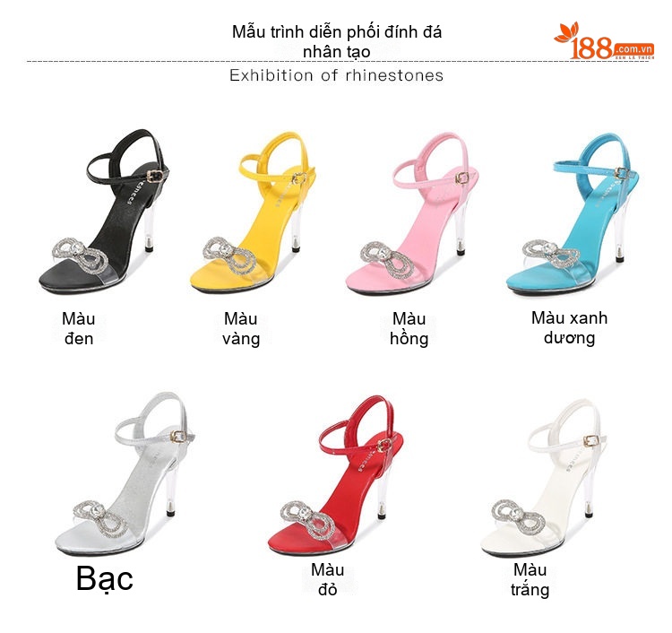 Giày Sandal Cao Gót Nữ Quai Trong Suốt Đính Đá Gót Cao 11cm Màu Đỏ, Đen, Vàng, Trắng... chi tiết 3