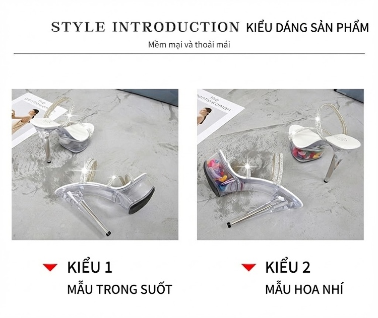 Giày Sandal Cao Gót Nữ Quai Trong Suốt Đính Đá Gót Cao 13cm Màu Trắng, Bạc chi tiết 2