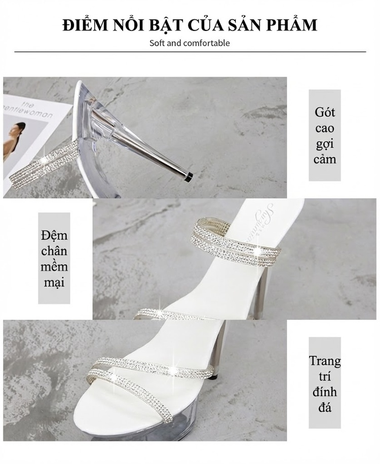 Giày Sandal Cao Gót Nữ Quai Trong Suốt Đính Đá Gót Cao 13cm Màu Trắng, Bạc chi tiết 3