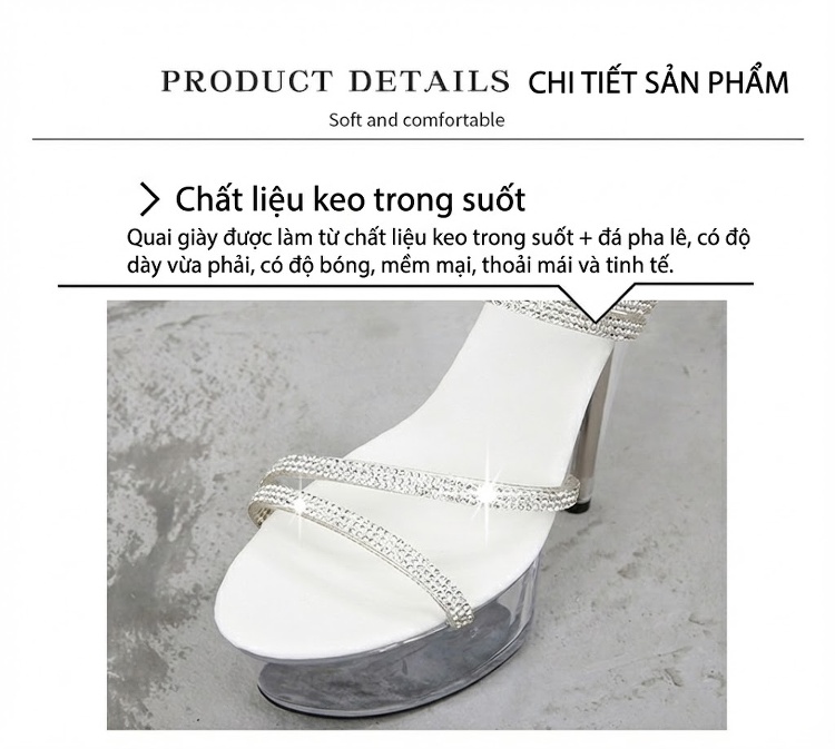 Giày Sandal Cao Gót Nữ Quai Trong Suốt Đính Đá Gót Cao 13cm Màu Trắng, Bạc chi tiết 4