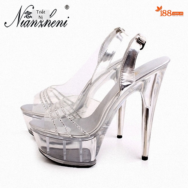 Giày Sandal Cao Gót Nữ Hở Mũi Quai Trong Suốt Đế Xuồng Gót Cao 11cm - 12cm Màu Bạc chi tiết 5