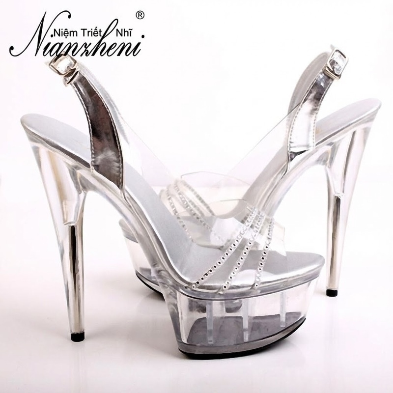 Giày Sandal Cao Gót Nữ Hở Mũi Quai Trong Suốt Đế Xuồng Gót Cao 11cm - 12cm Màu Bạc chi tiết 6