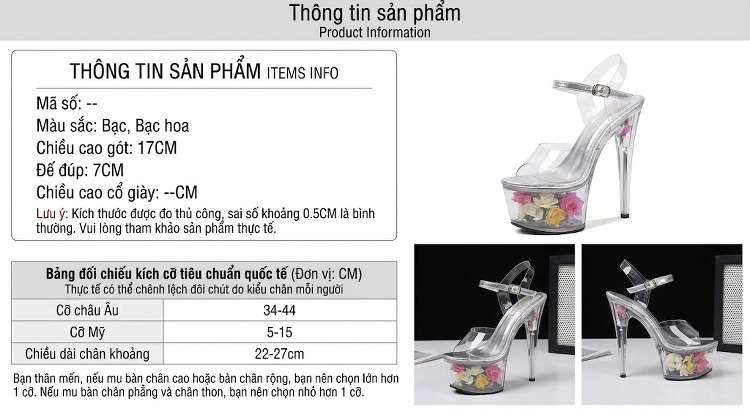 Giày Sandal Cao Gót Nữ Quai Trong Suốt Gót Nhọn Đế Xuồng 17cm Màu Trắng Trong chi tiết 3