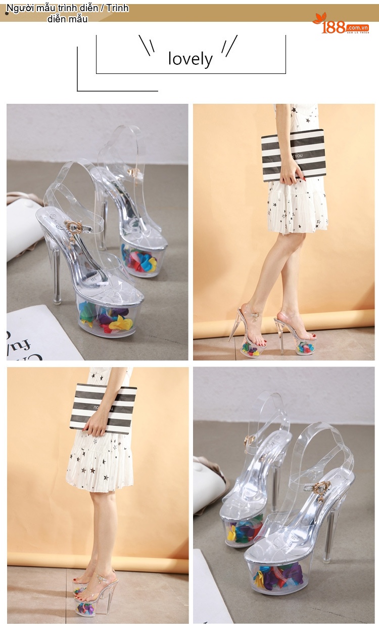 Giày Sandal Cao Gót Nữ Quai Trong Suốt Gót Nhọn Đế Xuồng 17cm Màu Trắng Trong chi tiết 4