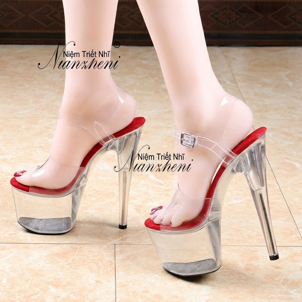 Giày Sandal Cao Gót Nữ Quai Trong Suốt Gót Nhọn Gót Cao 17cm Màu Đen, Hồng, Xanh Dương, Đỏ... chi tiết 6