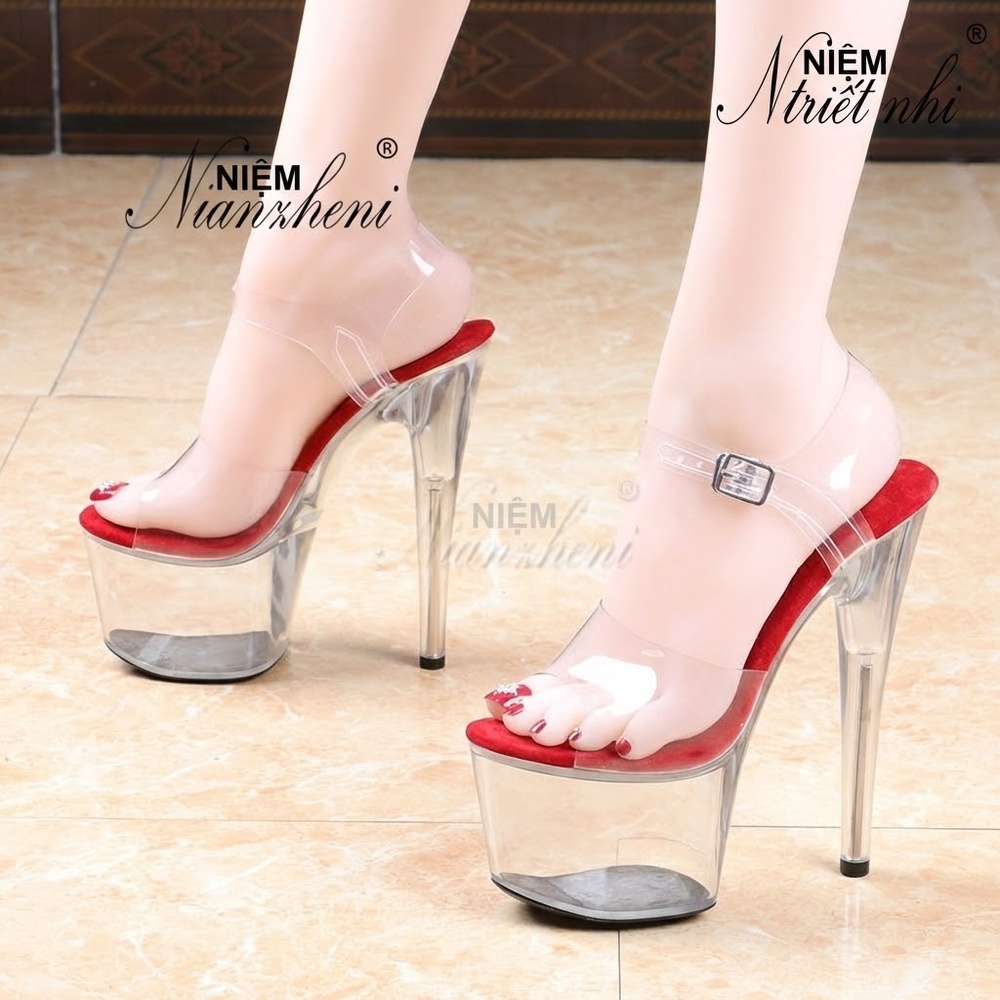 Giày Sandal Cao Gót Nữ Quai Trong Suốt Gót Nhọn Gót Cao 17cm Màu Đen, Hồng, Xanh Dương, Đỏ... chi tiết 4