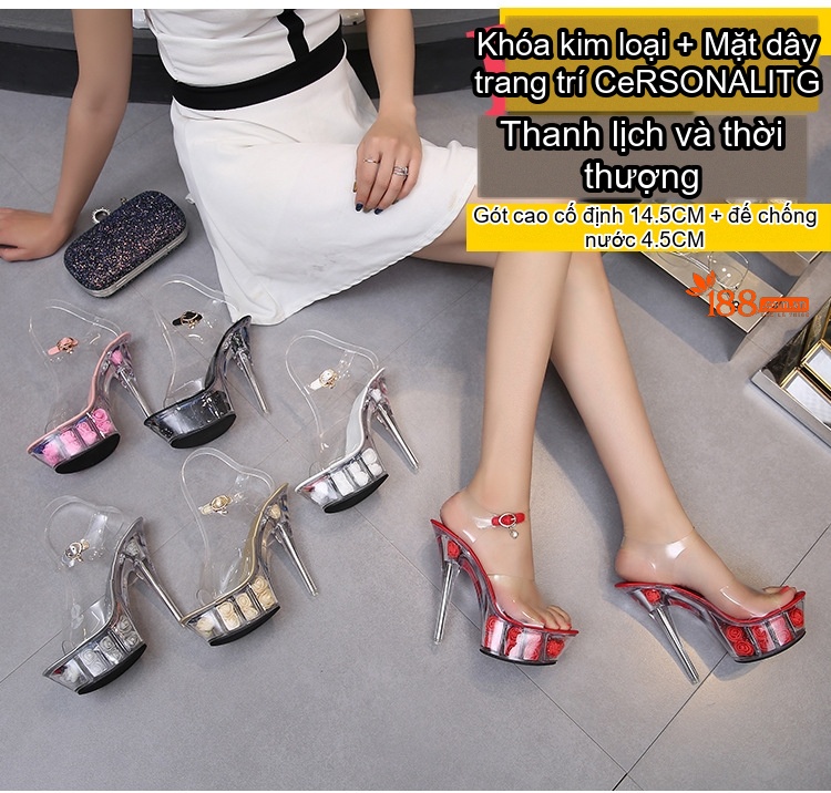 Giày Sandal Cao Gót Nữ Quai Trong Suốt Đế Hoa Gót Cao 10cm - 12cm Màu Đỏ, Vàng, Hồng, Trắng... chi tiết 1