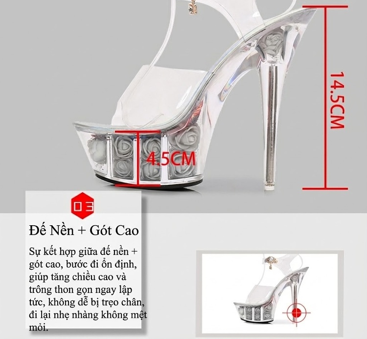 Giày Sandal Cao Gót Nữ Quai Trong Suốt Đế Hoa Gót Cao 10cm - 12cm Màu Đỏ, Vàng, Hồng, Trắng... chi tiết 23