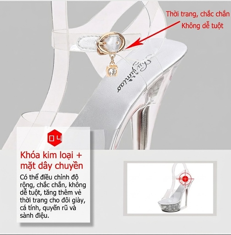 Giày Sandal Cao Gót Nữ Quai Trong Suốt Đế Hoa Gót Cao 10cm - 12cm Màu Đỏ, Vàng, Hồng, Trắng... chi tiết 24