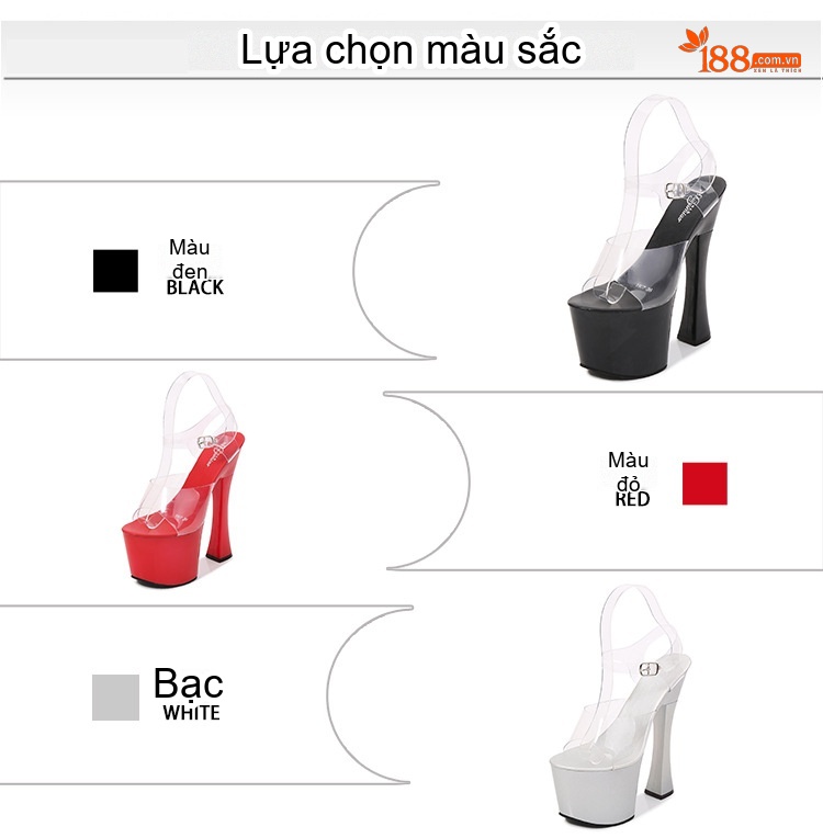 Giày Sandal Cao Gót Nữ Quai Trong Suốt Đế Cao Gót Vô Cực Gót Cao 11cm - 12cm Màu Đen, Đỏ, Bạc, Hồng... chi tiết 3