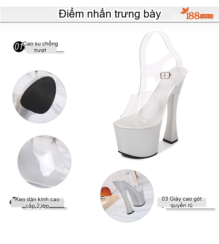 Giày Sandal Cao Gót Nữ Quai Trong Suốt Đế Cao Gót Vô Cực Gót Cao 11cm - 12cm Màu Đen, Đỏ, Bạc, Hồng... chi tiết 4