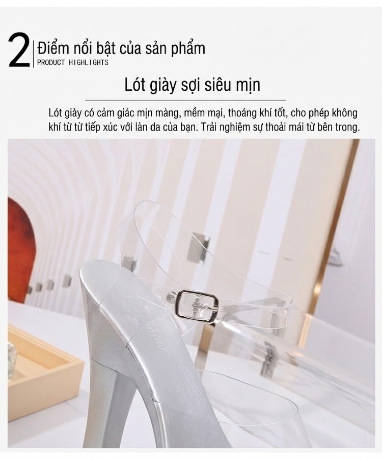 Giày Sandal Cao Gót Nữ Quai Trong Suốt Đế Cao Gót Vô Cực Gót Cao 11cm - 12cm Màu Đen, Đỏ, Bạc, Hồng... chi tiết 6