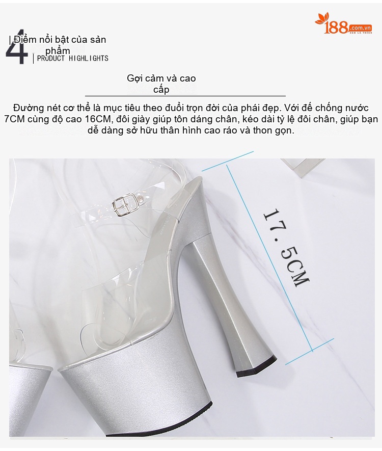 Giày Sandal Cao Gót Nữ Quai Trong Suốt Đế Cao Gót Vô Cực Gót Cao 11cm - 12cm Màu Đen, Đỏ, Bạc, Hồng... chi tiết 8