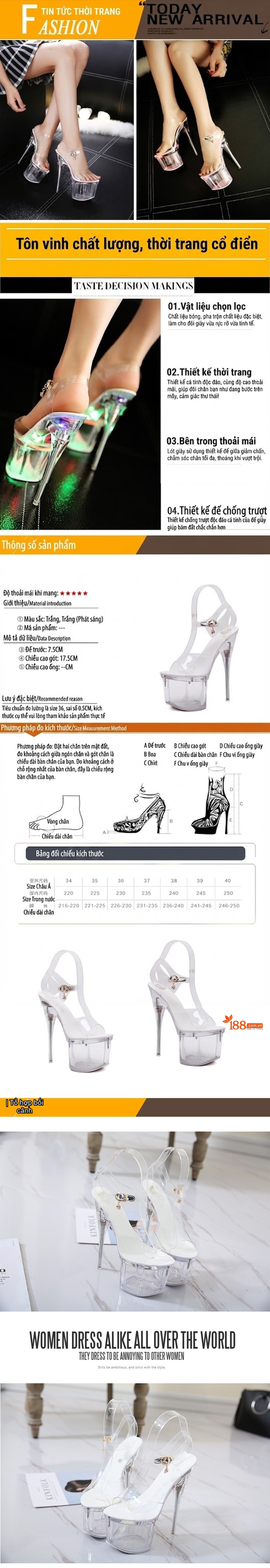 Giày Sandal Cao Gót Nữ Đế Phát Sáng Quai Trong Suốt Gót Nhọn Gót Cao 10cm - 12cm Màu Trắng Trong Suốt chi tiết 1
