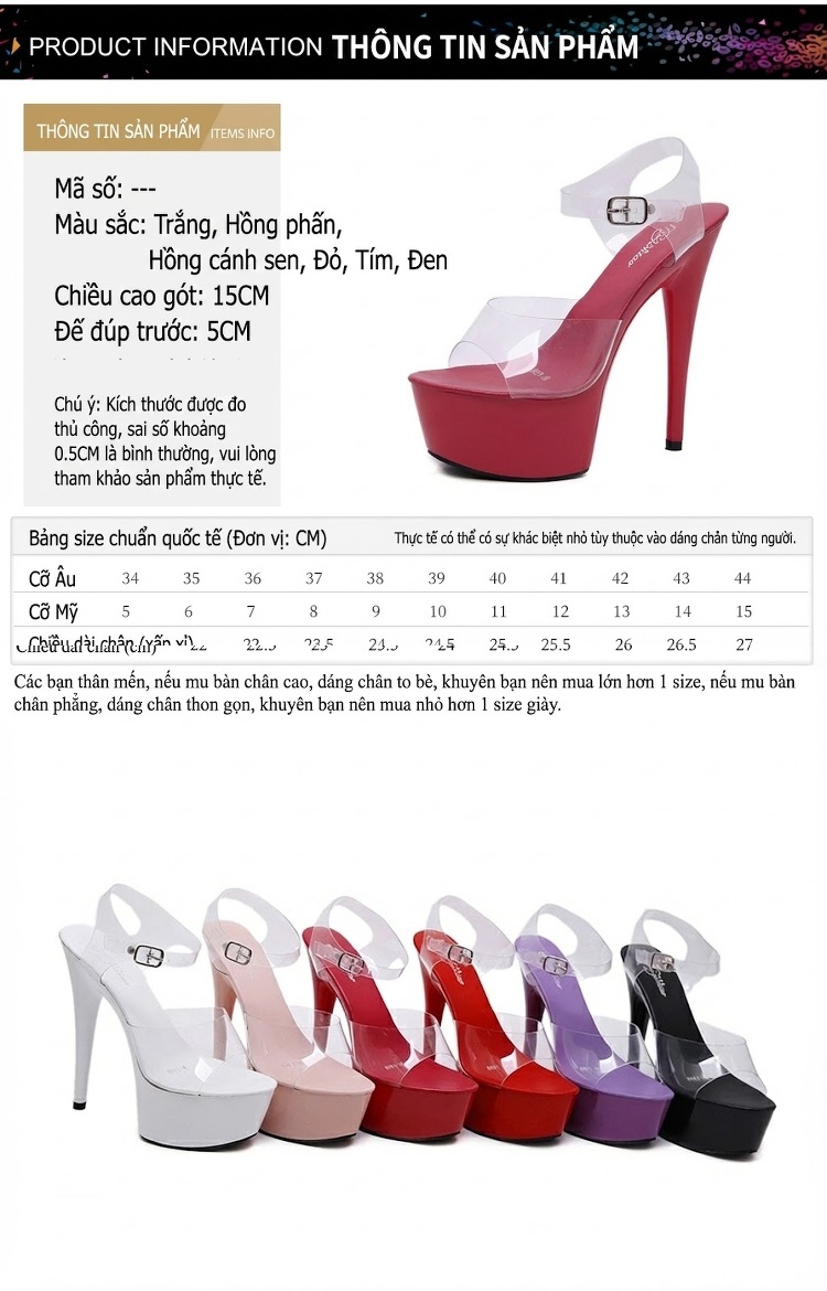 Giày Sandal Cao Gót Nữ Quai Trong Suốt Gót Nhọn Đế Xuồng Gót Cao 15cm Màu Đen, Trắng, Đỏ, Hồng... chi tiết 2