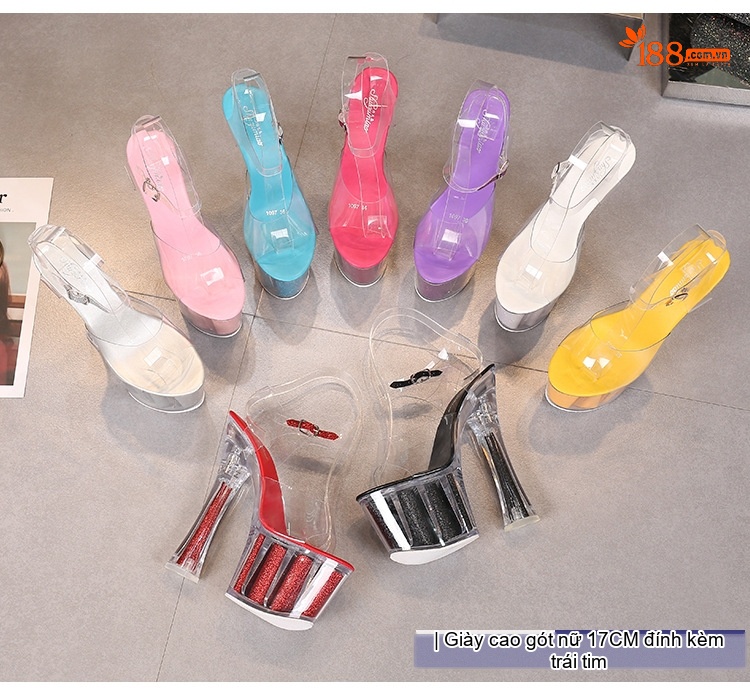 Giày Sandal Cao Gót Nữ Quai Trong Suốt Đế Xuồng Hoa Hồng Gót Cao 10cm - 12cm Màu Đỏ, Hồng, Vàng, Tím... chi tiết 1