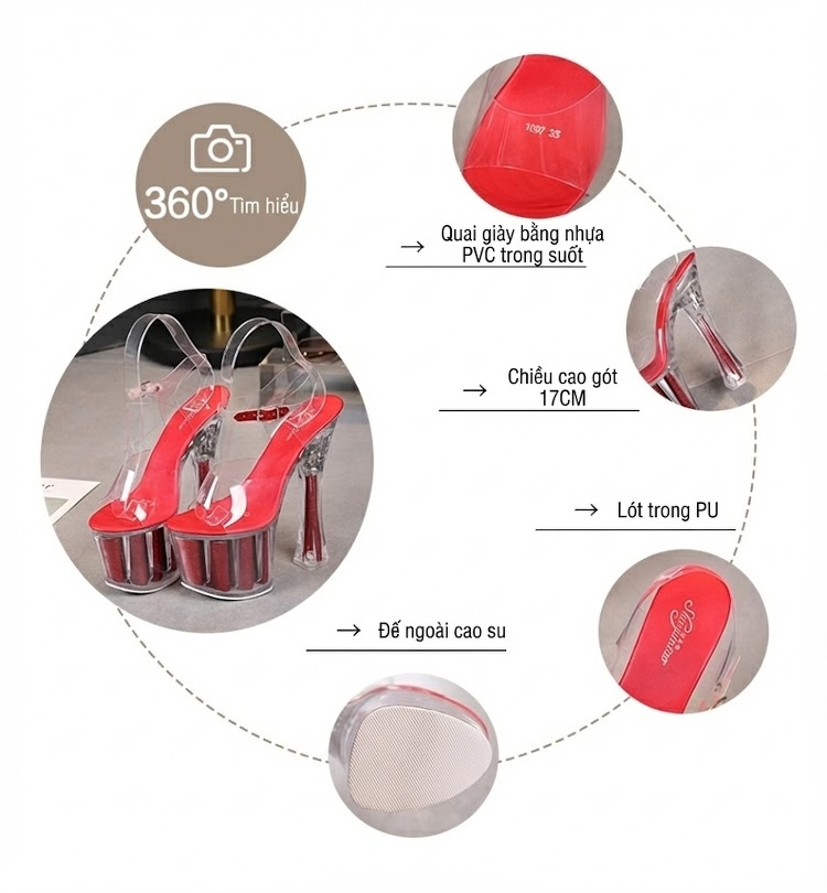 Giày Sandal Cao Gót Nữ Quai Trong Suốt Đế Xuồng Hoa Hồng Gót Cao 10cm - 12cm Màu Đỏ, Hồng, Vàng, Tím... chi tiết 2