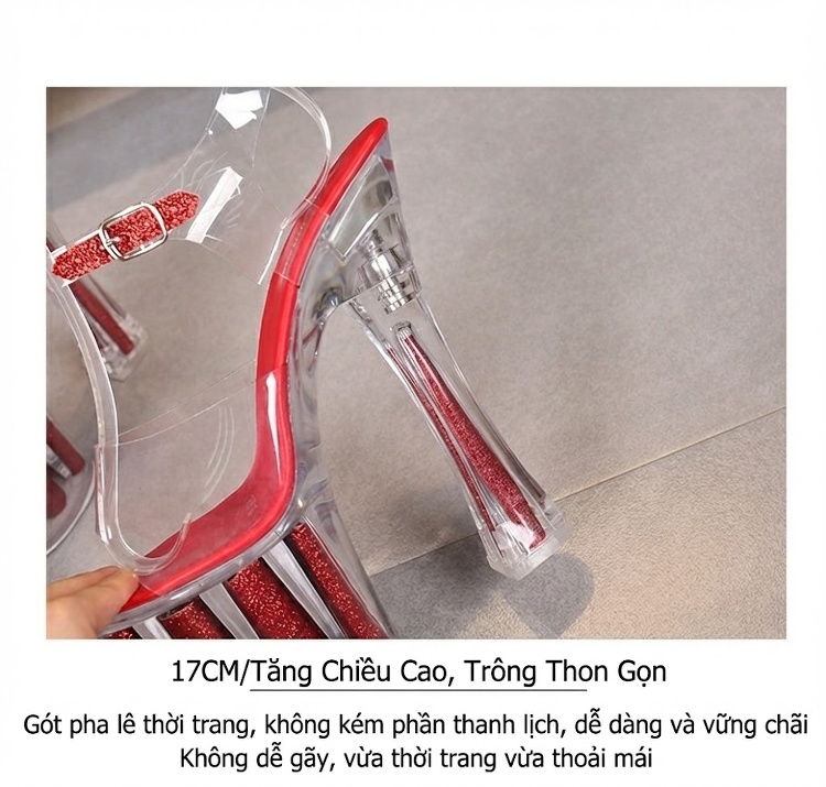 Giày Sandal Cao Gót Nữ Quai Trong Suốt Đế Xuồng Hoa Hồng Gót Cao 10cm - 12cm Màu Đỏ, Hồng, Vàng, Tím... chi tiết 6
