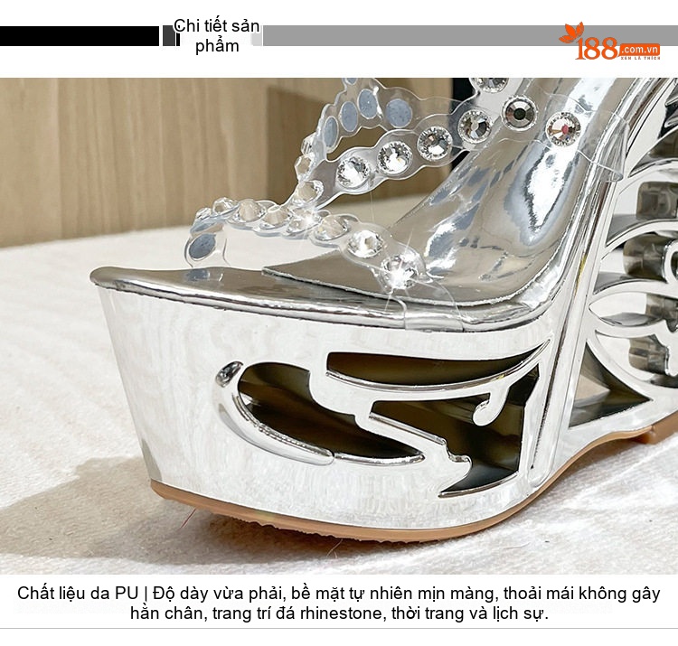 Giày Sandal Cao Gót Nữ Quai Trong Suốt Đính Đá Gót Cao 15cm Màu Bạc, Đen chi tiết 3
