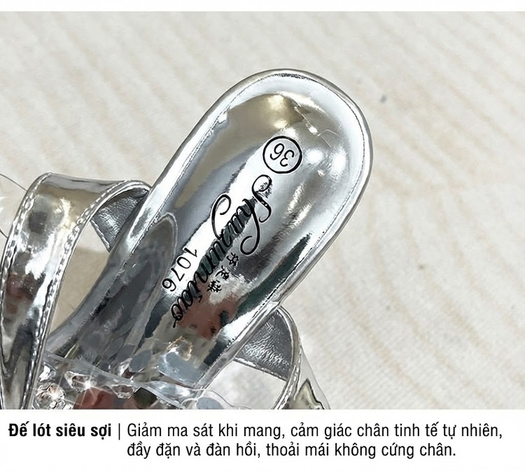 Giày Sandal Cao Gót Nữ Quai Trong Suốt Đính Đá Gót Cao 15cm Màu Bạc, Đen chi tiết 4