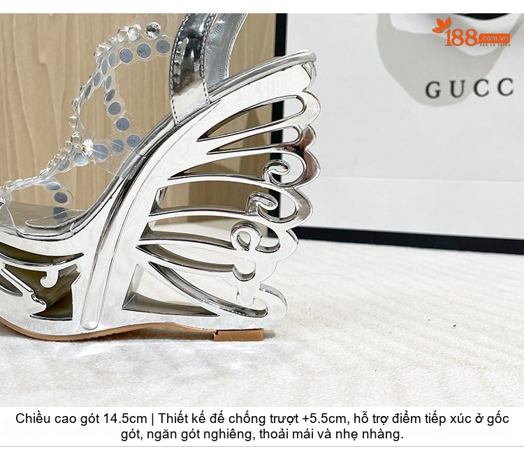 Giày Sandal Cao Gót Nữ Quai Trong Suốt Đính Đá Gót Cao 15cm Màu Bạc, Đen chi tiết 5