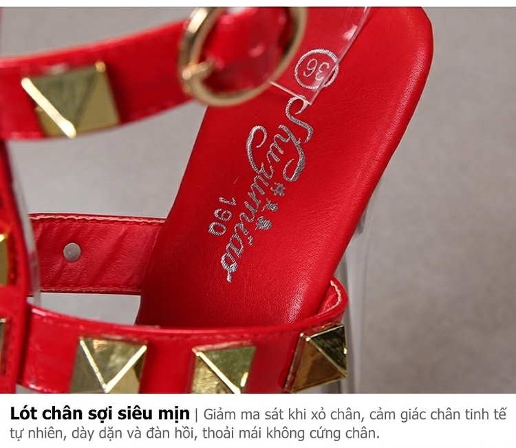 Giày Sandal Cao Gót Nữ Quai Trong Suốt Đính Đinh Gót Cao 13cm Màu Trắng, Đen, Đỏ, Vàng... chi tiết 14