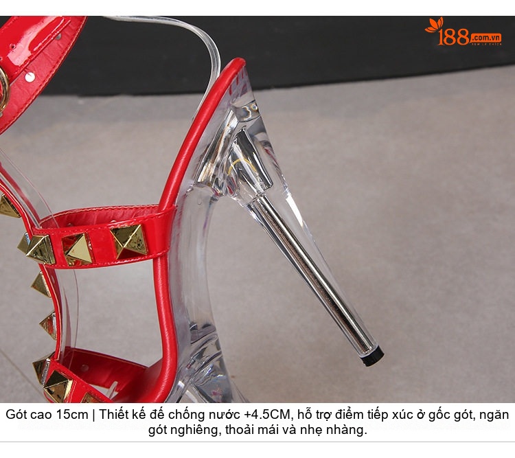 Giày Sandal Cao Gót Nữ Quai Trong Suốt Đính Đinh Gót Cao 13cm Màu Trắng, Đen, Đỏ, Vàng... chi tiết 15
