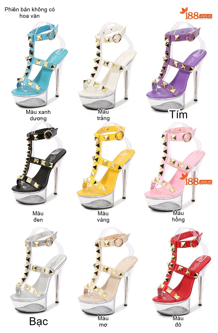 Giày Sandal Cao Gót Nữ Quai Trong Suốt Đính Đinh Gót Cao 13cm Màu Trắng, Đen, Đỏ, Vàng... chi tiết 12