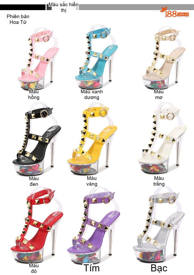 Giày Sandal Cao Gót Nữ Quai Trong Suốt Đinh Tán Gót Nhọn Gót Cao 13cm - 15cm Màu Đen, Trắng, Đỏ, Bạc... chi tiết 11