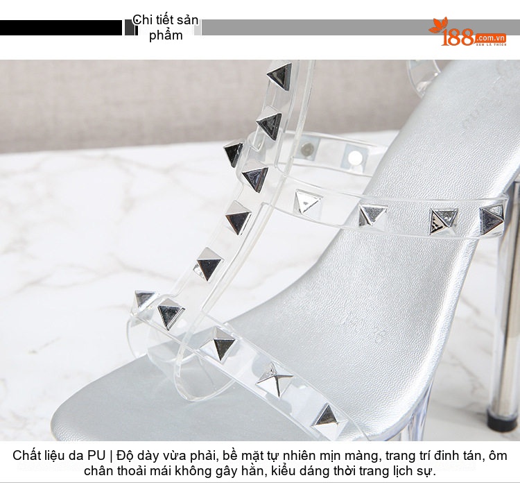 Giày Sandal Cao Gót Nữ Quai Trong Suốt Đính Đinh Gót Nhọn Gót Cao 15cm Màu Đen, Vàng, Bạc chi tiết 3