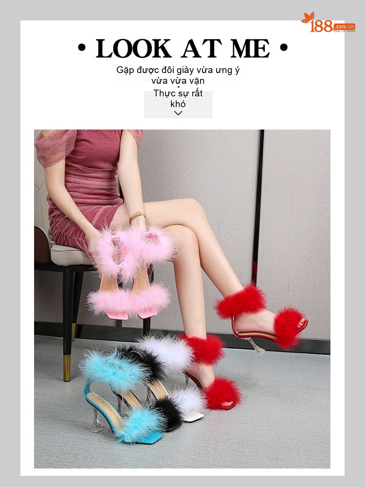 Giày Sandal Cao Gót Nữ Quai Trong Suốt Mũi Vuông Gót Nhọn Lông Vũ Gót Cao 8cm Màu Đen, Trắng, Đỏ, Hồng... chi tiết 1