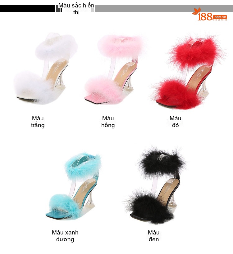 Giày Sandal Cao Gót Nữ Quai Trong Suốt Mũi Vuông Gót Nhọn Lông Vũ Gót Cao 8cm Màu Đen, Trắng, Đỏ, Hồng... chi tiết 2