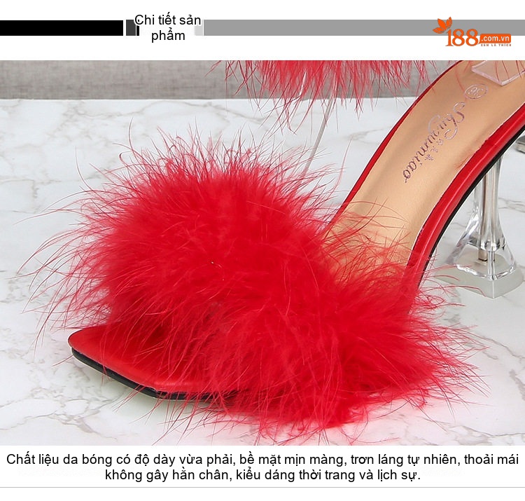 Giày Sandal Cao Gót Nữ Quai Trong Suốt Mũi Vuông Gót Nhọn Lông Vũ Gót Cao 8cm Màu Đen, Trắng, Đỏ, Hồng... chi tiết 3
