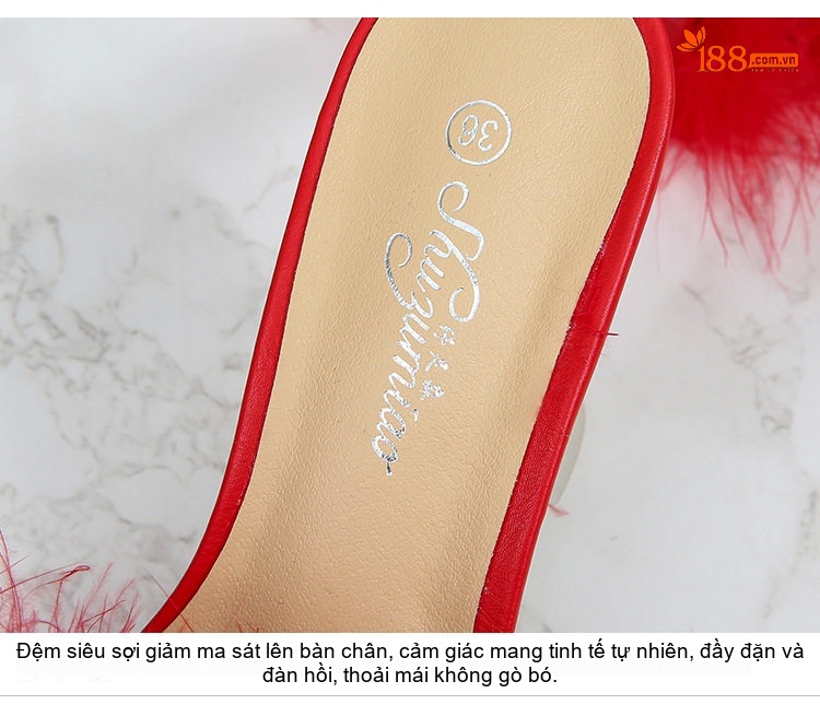 Giày Sandal Cao Gót Nữ Quai Trong Suốt Mũi Vuông Gót Nhọn Lông Vũ Gót Cao 8cm Màu Đen, Trắng, Đỏ, Hồng... chi tiết 4