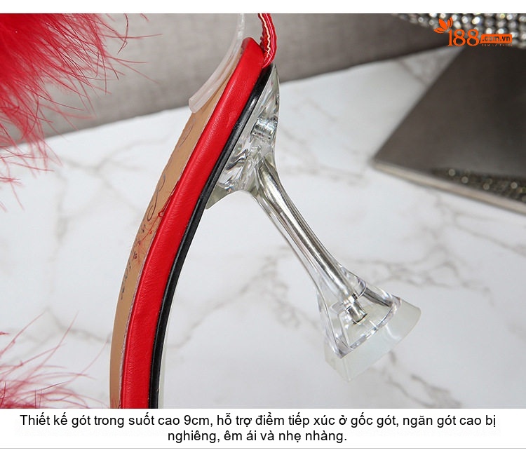 Giày Sandal Cao Gót Nữ Quai Trong Suốt Mũi Vuông Gót Nhọn Lông Vũ Gót Cao 8cm Màu Đen, Trắng, Đỏ, Hồng... chi tiết 5