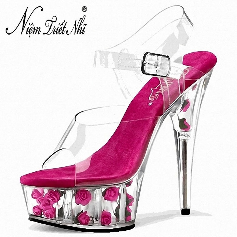 Giày Sandal Cao Gót Nữ Quai Trong Suốt Đế Xuồng Gót Cao 15cm Màu Đen, Đỏ, Hồng, Xanh Dương... chi tiết 6