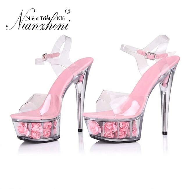 Giày Sandal Cao Gót Nữ Quai Trong Suốt Đế Xuồng Gót Cao 15cm Màu Đen, Đỏ, Hồng, Xanh Dương... chi tiết 12