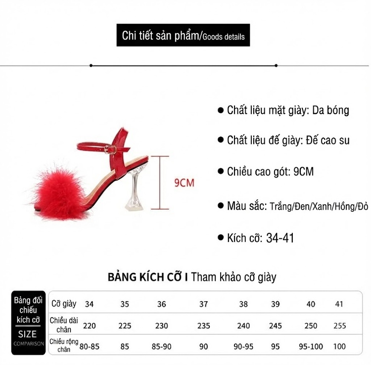 Giày Sandal Cao Gót Nữ Quai Mảnh Gót Nhọn Đính Lông Gót Cao 8cm Màu Đen, Đỏ, Trắng, Hồng... chi tiết 1
