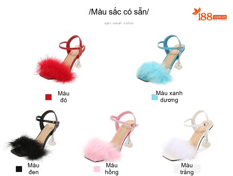 Giày Sandal Cao Gót Nữ Quai Mảnh Gót Nhọn Đính Lông Gót Cao 8cm Màu Đen, Đỏ, Trắng, Hồng... chi tiết 2