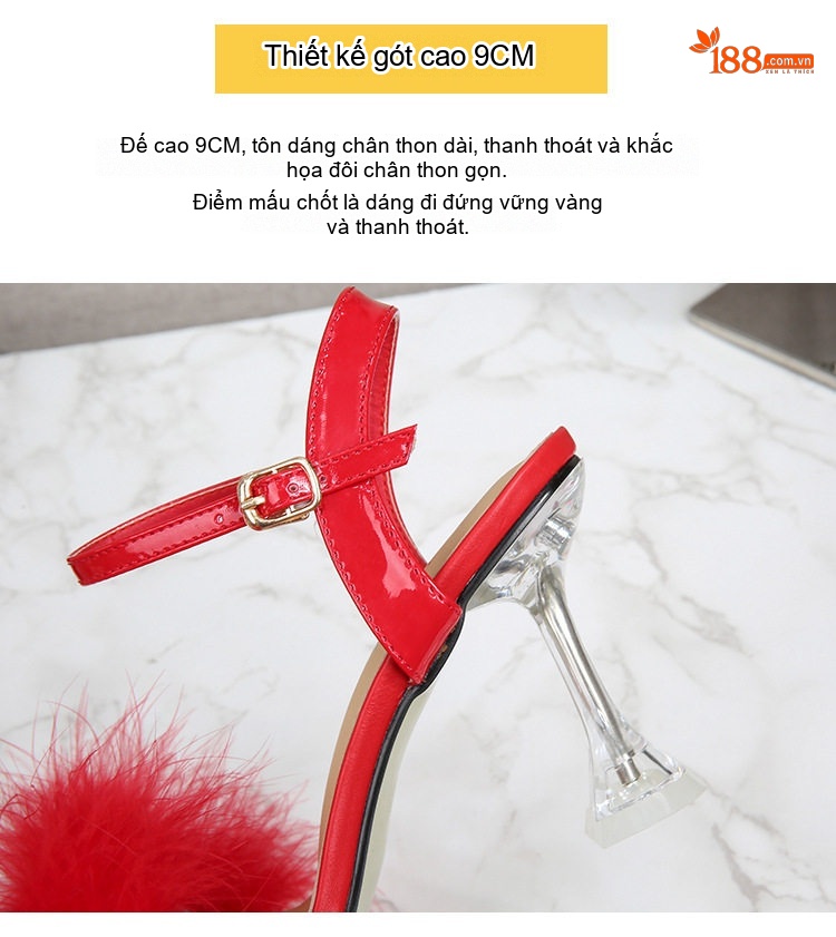 Giày Sandal Cao Gót Nữ Quai Mảnh Gót Nhọn Đính Lông Gót Cao 8cm Màu Đen, Đỏ, Trắng, Hồng... chi tiết 3