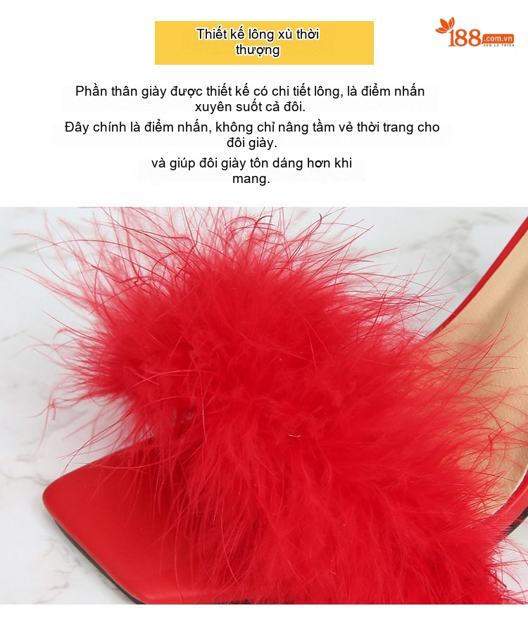 Giày Sandal Cao Gót Nữ Quai Mảnh Gót Nhọn Đính Lông Gót Cao 8cm Màu Đen, Đỏ, Trắng, Hồng... chi tiết 4