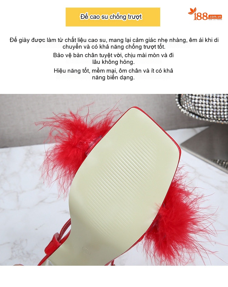 Giày Sandal Cao Gót Nữ Quai Mảnh Gót Nhọn Đính Lông Gót Cao 8cm Màu Đen, Đỏ, Trắng, Hồng... chi tiết 5