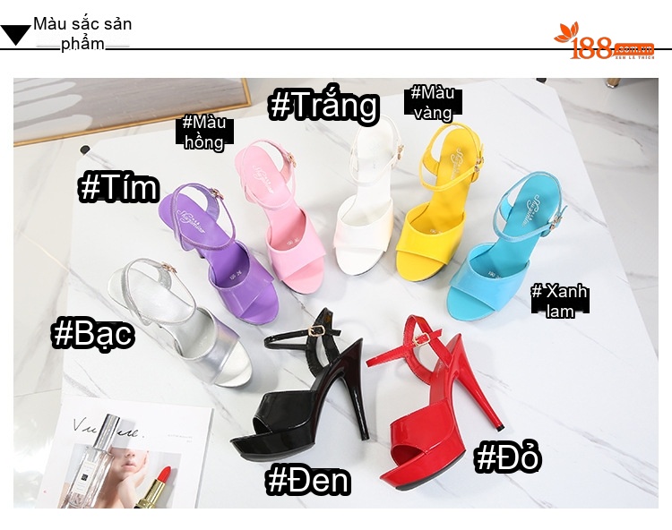 Giày Sandal Cao Gót Nữ Quai Ngang Da Bóng Gót Cao 13cm Màu Đen, Vàng, Hồng, Tím... chi tiết 2