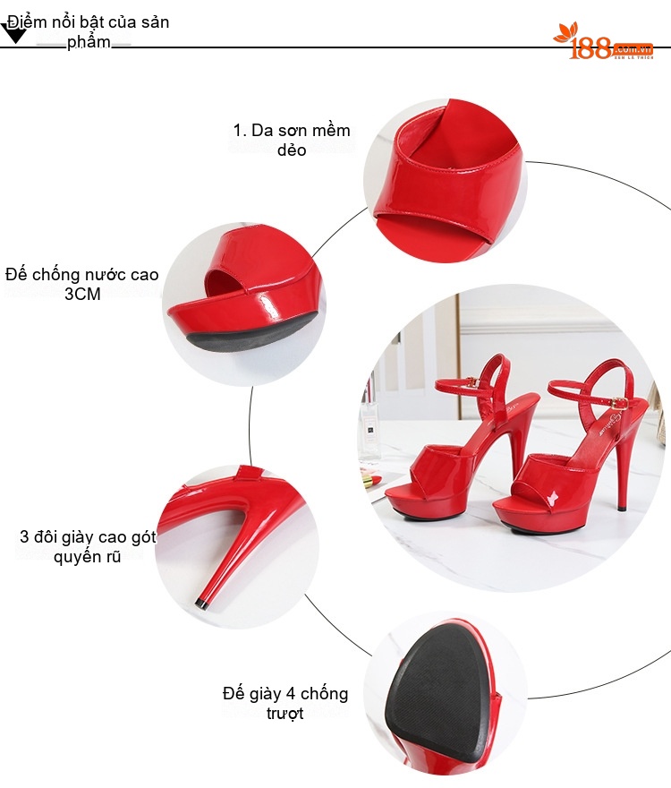 Giày Sandal Cao Gót Nữ Quai Ngang Da Bóng Gót Cao 13cm Màu Đen, Vàng, Hồng, Tím... chi tiết 3