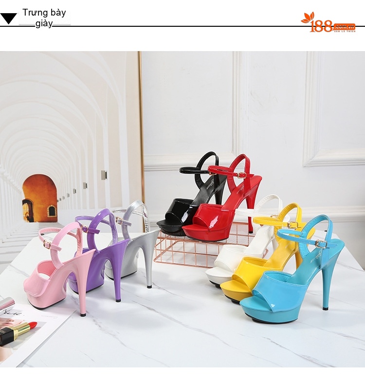 Giày Sandal Cao Gót Nữ Quai Ngang Da Bóng Gót Cao 13cm Màu Đen, Vàng, Hồng, Tím... chi tiết 15