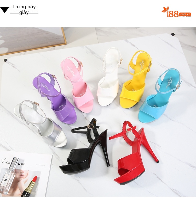 Giày Sandal Cao Gót Nữ Quai Ngang Da Bóng Gót Cao 13cm Màu Đen, Vàng, Hồng, Tím... chi tiết 35