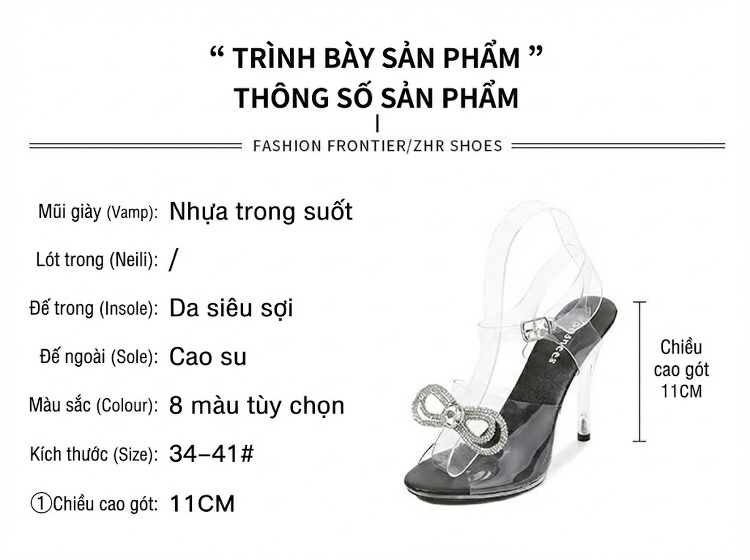 Giày Sandal Cao Gót Nữ Quai Trong Suốt Gót Nhọn Đính Lông Gót Cao 11cm Màu Hồng, Đỏ, Xanh Dương, Đen... chi tiết 2